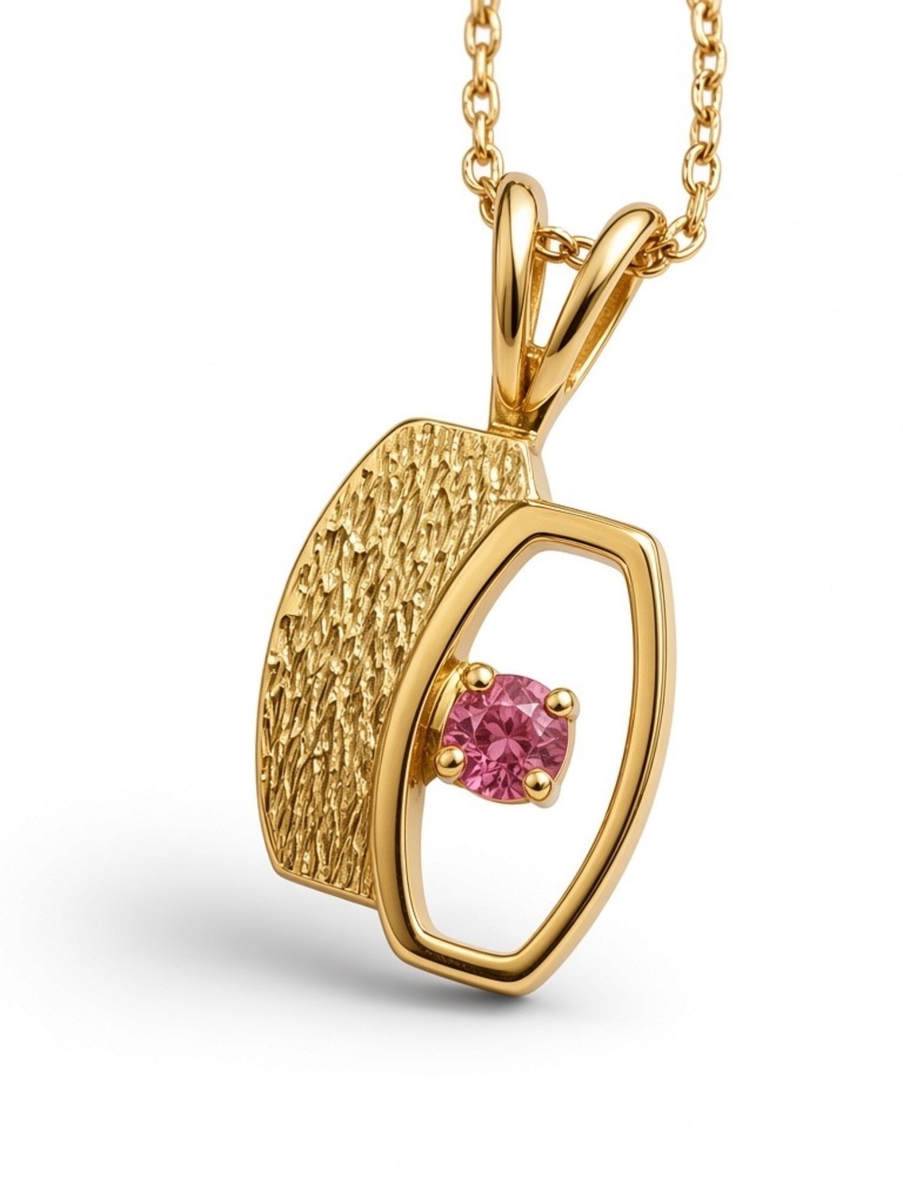 Vintage 14K Gold Filled Ruby Pendant Necklace Textured Open Hexagon 14KGF